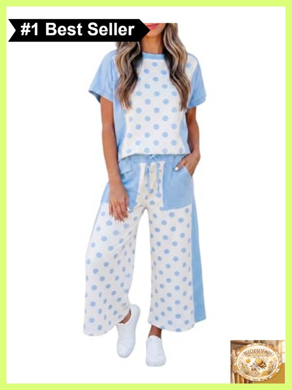 Women's Polka Dot 2 Piece Outfit Short Sleeve Tee & Wide Leg Pant Set with